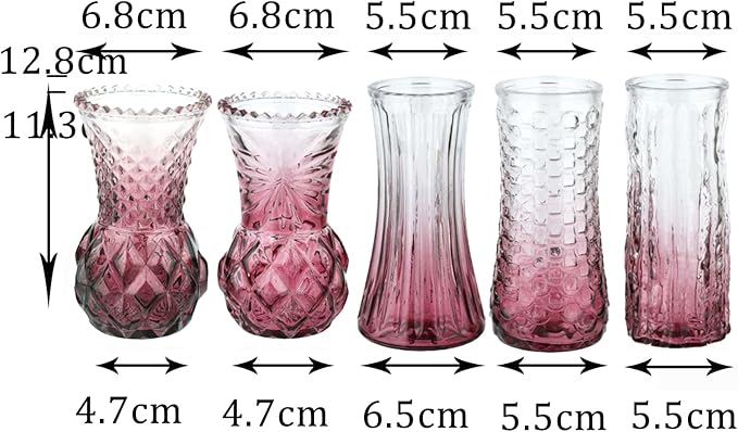 Glass Bud Vase Set of 5: Eylkoi Pink Vases for Centerpieces Decorative, Vintage Embossed in Bulk Crystal Textured Cute, Wedding Decor Mini Flower Floral Vase for Rustic Wedding, Home Table, Party