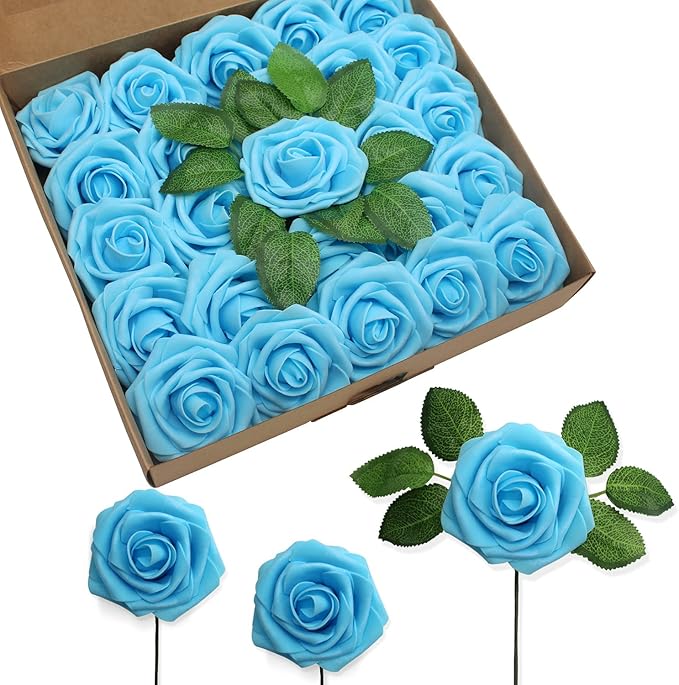 JOYLEX Artificial Flowers Realistic Roses, 50pcs Real Looking Fake Roses with Stem for DIY Wedding Bouquets Centerpieces Bridal Shower Party Home Romantic Decorations (Light Blue)