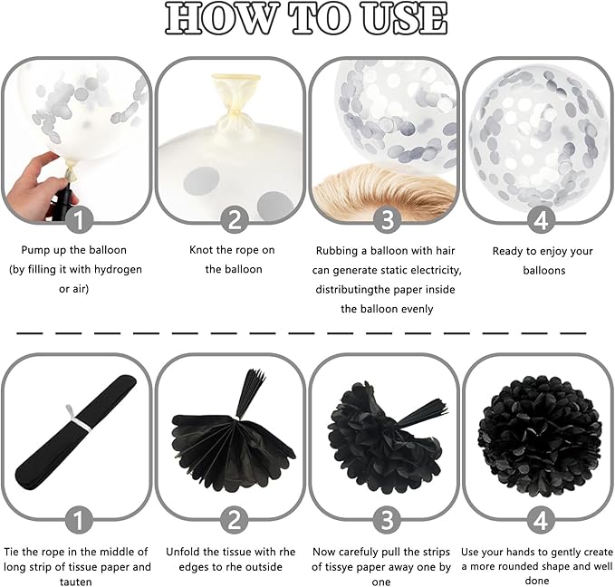 ZERODECO Black White Birthday Party Decorations, Happy Birthday Banner Pompoms White Black Balloon Arch Fringe Curtain Party Décor for Men Women Black and White Party