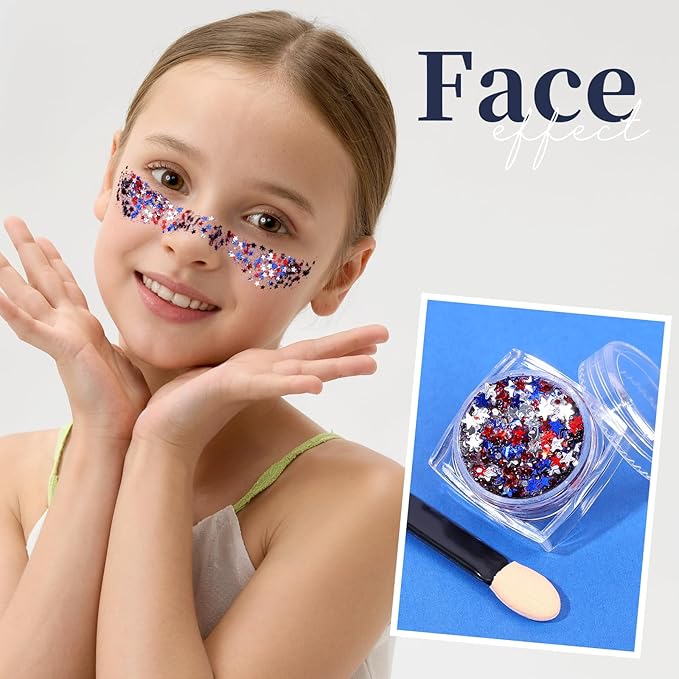 Teenitor Body Glitter Gel, 6 Shape Red White and Blue Face Glitter, 4th of July Accessories Hair Glitter for Kids, 4th of July Outfits USA Accessories for Women, Blue Face Glitter for Independence Day