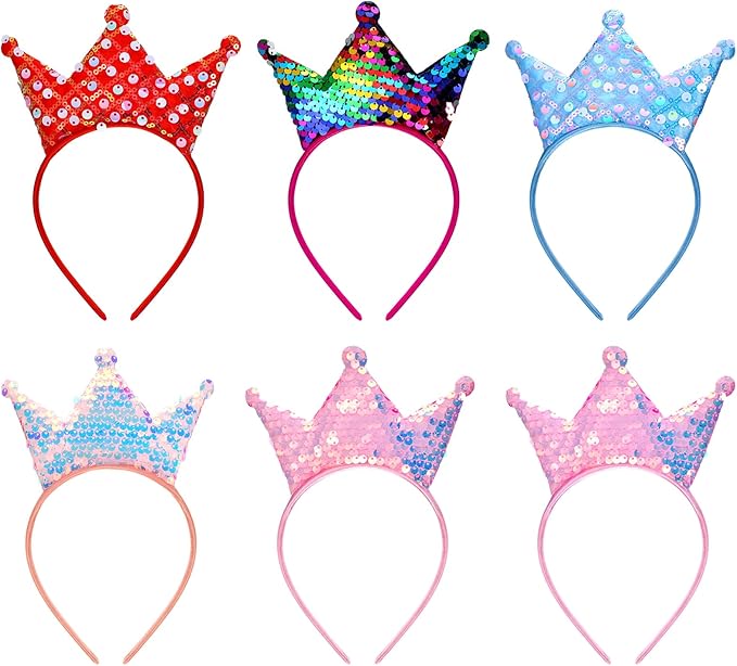 6 PCS Princess Crown Headband,Sequins Crowns Headband,Glitter Headbands Crown Party Favors Glitter Tiara Set for Little Girls & Teens Birthday & Halloween Christmas Party Gifts