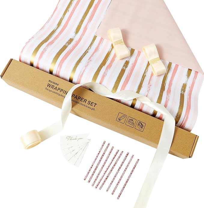 Miss DuiDui Birthday Gift Wrapping Paper Roll - 17 inch x 32.8 Feet - Pink Golden Stripes Design for Girl Boys Kids, Party, Birthday, Baby Shower, Holiday, Wedding