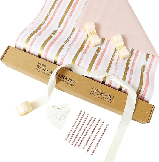Miss DuiDui Birthday Gift Wrapping Paper Roll - 17 inch x 32.8 Feet - Pink Golden Stripes Design for Girl Boys Kids, Party, Birthday, Baby Shower, Holiday, Wedding