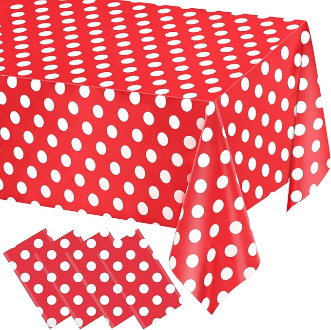 WNINK 4 Pack Red and White Polka Dot Tablecloths – Disposable Plastic Waterproof Table Cover, 54" x 108", for Birthday, Wedding, Bridal Shower, Bachelor Party, and Picnic