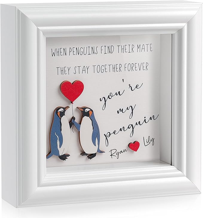 Valentine’s Day Gifts Shadow Box Frame – You Are My Penguin Gifts for Her Him, Cute Couple Gift, 3D Wooden Penguin Love Picture Frame, Anniversary Christmas Birthday Gift for Boyfriend Girlfriend (PenguinWH)