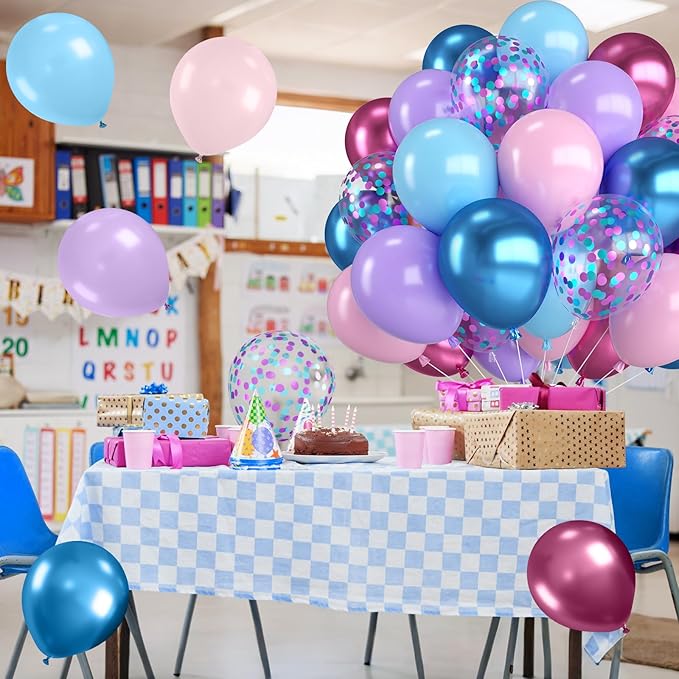 Pink and Blue Balloons,12 Inch Metallic Maca Blue Pink Purple with Pink Blue Confetti Balloon for Gender Reveal Birthday Baby Shower Summer Hawaiian Theme Party Decorations