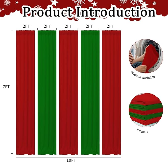 Christmas Backdrop Curtain - 10×7ft Red & Green Holiday Party Background Decor for Xmas Tree Photos, Home Festive Wall, Mall Santa Booth, Reusable Winter Celebration Decoration for Families