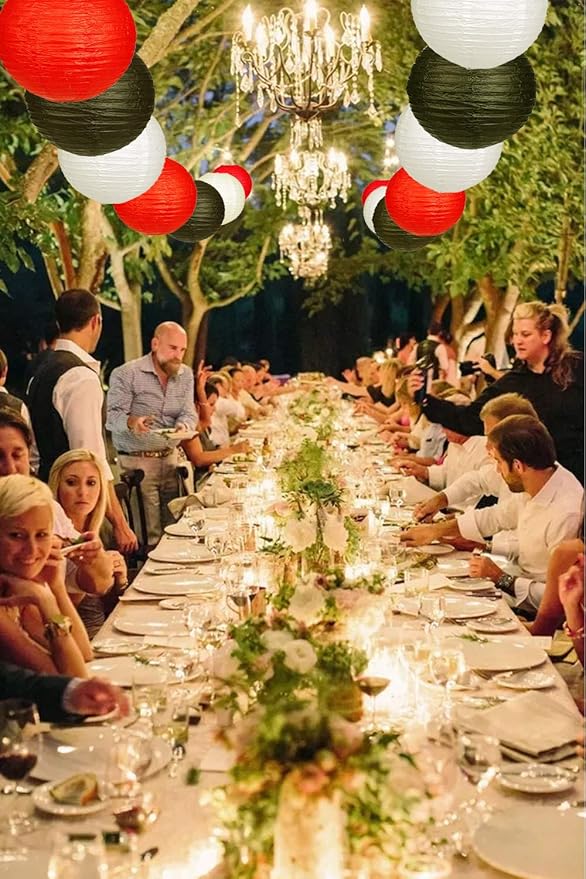 24pcs Hanging Round Paper Lanterns for Wedding Birthday Party Baby Showers Decoration Black/Red