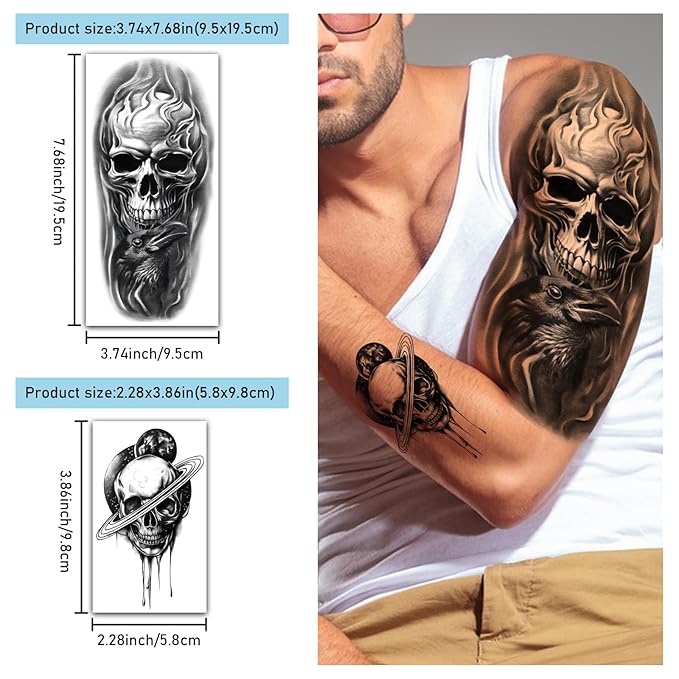 77 Sheets Skeleton Skull Temporary Tattoo for Women Men, 17 Sheets Half Arm Large Flower Spider Owl Fake Tattoos, 60 Sheets Black Scary Halloween Cosplay Tiny Adult Kid Body Tattoos Stickers Realistic