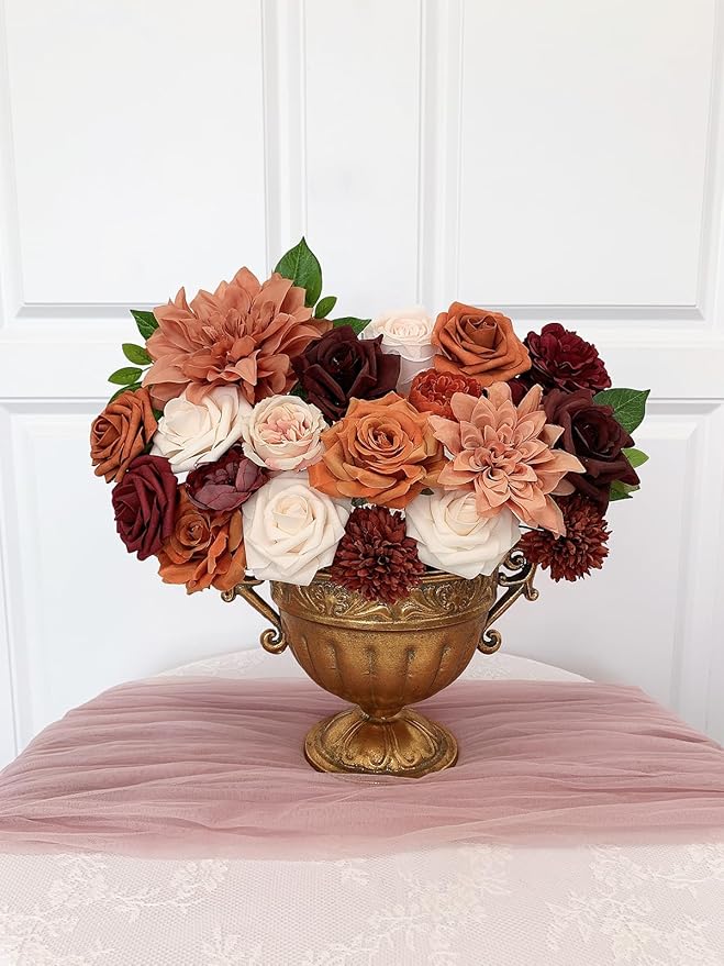 Roses Artificial Flowers Orange Bouquet Box Set Fake Flower with Stems for DIY Bridal Wedding Shower Decorations Party Table Centerpieces Faux Silk Floral Arrangement for Home Decor Indoor