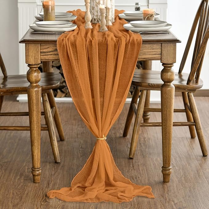Artoid Mode Boho Cheesecloth Gauze Orange Wedding Table Runner, 120 Inch Seasonal Fall Thanksgiving Fabric Kitchen Dining Holiday Table Decor for Home Party Indoor
