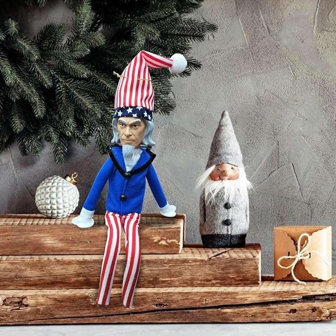 Uncle Patriotic Christmas Elf Decoration 35cm – Handmade Plush Americana Elf Ornament in Blue – Vintage Holiday Gnome Christmas Ornament for Tree, Party, Home & Garden Décor