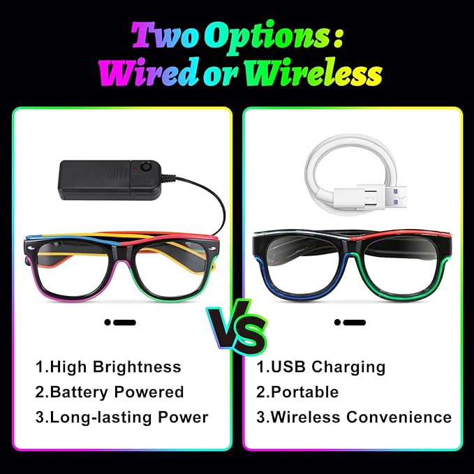 YouRfocus Wireless Led Light up Glasses Multi-Color Glow in the Dark Neon Rave Glasses for Rave Party, EDM, Halloween Costumes(6 Colors)