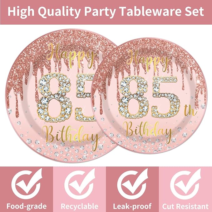 96Pcs 85th Birthday Decorations for Women Disposable Tableware Set -Rose Gold Happy 85th Birthday Paper Plates Napkins Forks 85 Years Old Party Supplies Serve 24 Guests