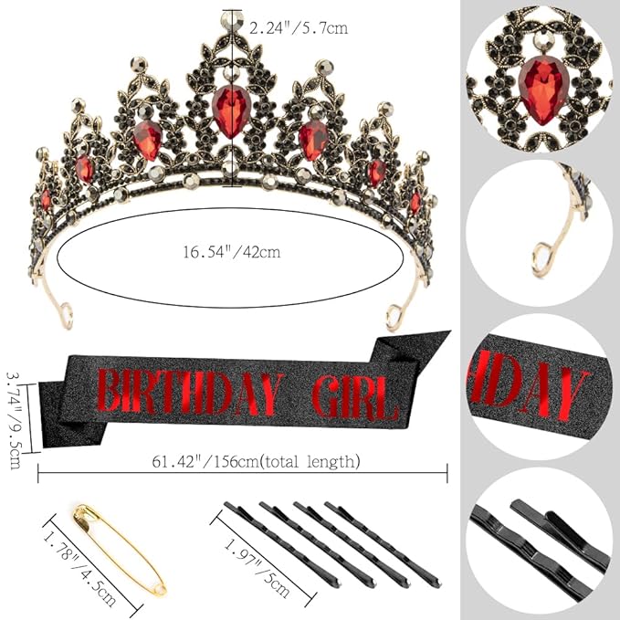Birthday Crown Headband Sash Adult Crowns for Women - Black and Red Tiara for Birthday and Halloween Parties
