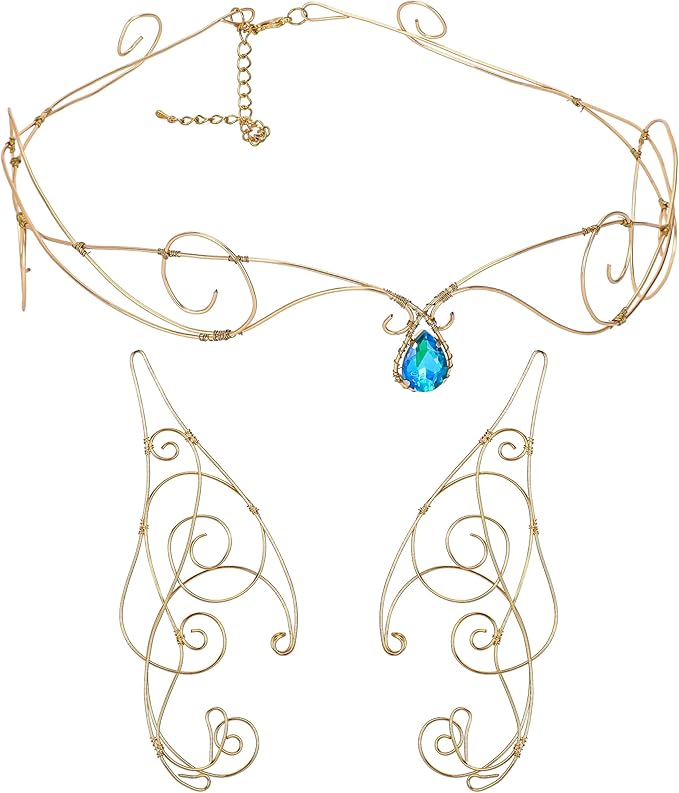 Renaissance Fairy Tale Costume Set - Elf Ear Cuff Earrings Decorative Medieval Fairy Winding Tiara Crown for Cosplay