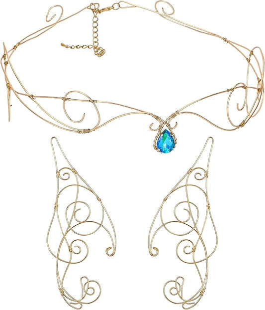 Renaissance Fairy Tale Costume Set - Elf Ear Cuff Earrings Decorative Medieval Fairy Winding Tiara Crown for Cosplay