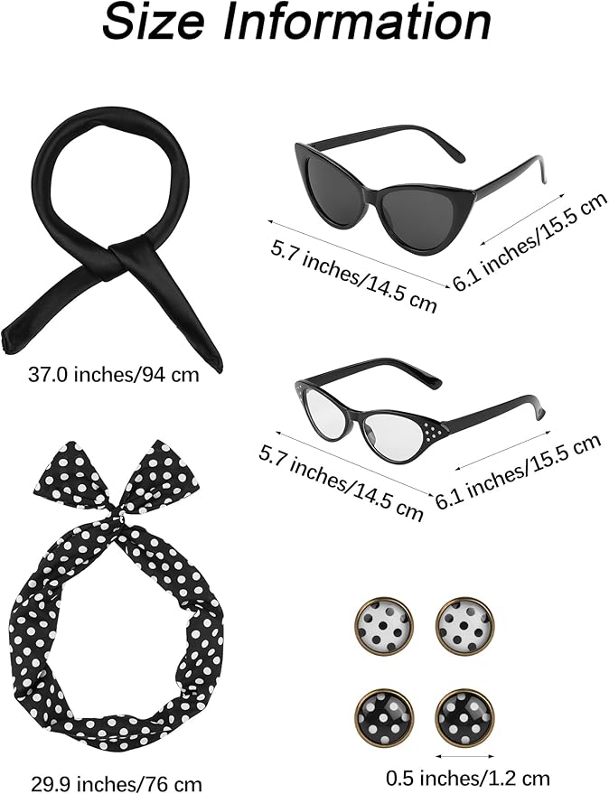 Aneco 6 Pack 50s Set Chiffon Scarf Cat Eye Glasses Bandana Tie Headband Earrings