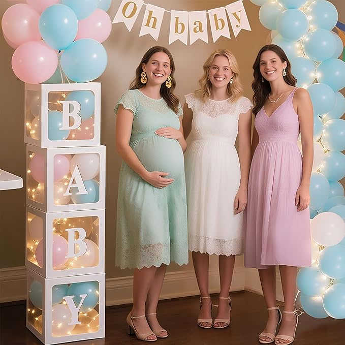 Ledido Baby Boxes with Letters for Baby Shower Decoration, 4 pcs Clear Baby Balloon Boxes Blocks with LED Fairy String Lights 38 Balloons for Boy Girl Gender Reveal Birthday Party (White)