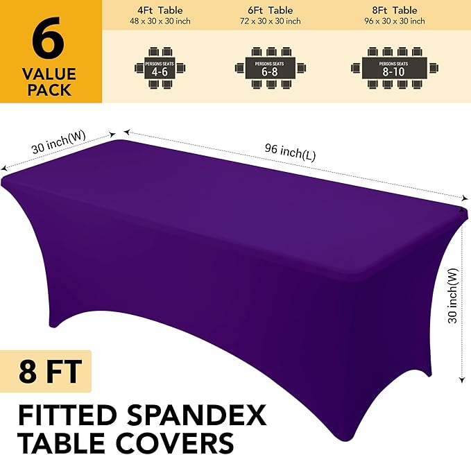6-Pack Premium Purple Spandex Tablecloths for 8ft Rectangle Tables, Stain & Wrinkle-Resistant, Washable Stretch Polyester Fitted Table Cover for Weddings, Banquets, Trade Shows Events