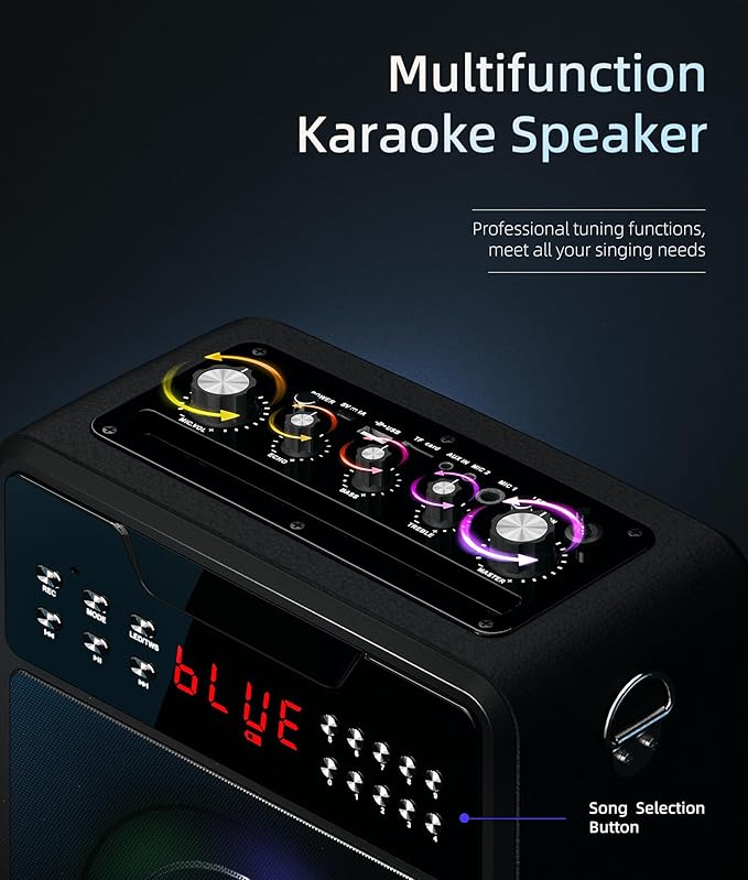 Karaoke Machine for Adults, Portable Bluetooth Speaker with 2 Wireless Microphones and Lights Show, Karaoke Speaker with Bass & Treble, Supports for TWS,USB,FM,REC,AUX in,TF Card for Party/Meeting