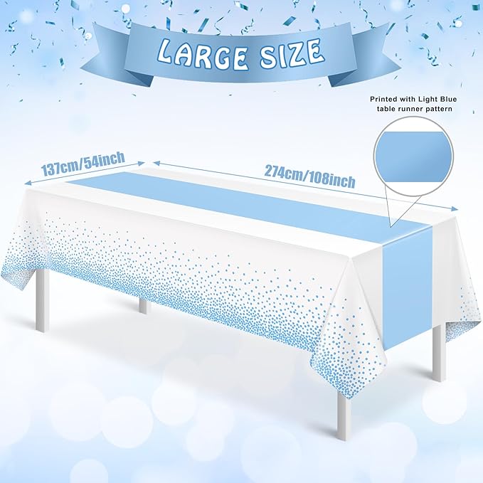 MASHAN 1Pcs White Light Blue Tablecloth Party Decorations,Plastic White Table Cloth Printed Baby Blue Table Runner Disposable Rectangle Cover for Birthday Baby Shower Wedding Party,54 x108 Inch