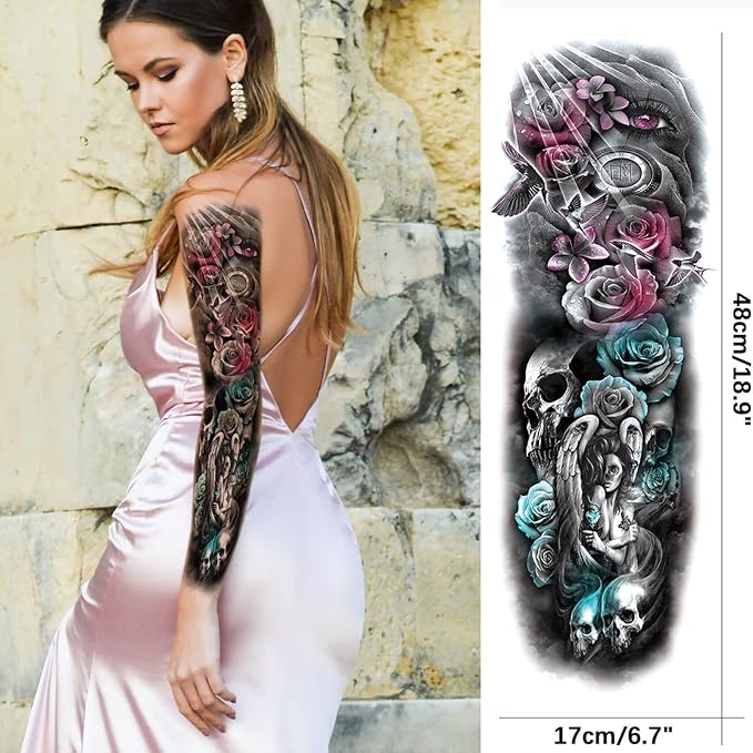 Rose Skull Temporary Tattoo Sleeve for Women Leg, 4-Sheet Full Arm Realistic Color Flower Skull Fake Sleeve Tattoo Adult Girl and 4-Sheet Large Floral Skeleton Half Temp Tatoo Sticker Thigh Body Art