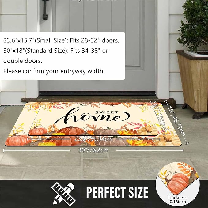 Fall Welcome Maple Leafs Decorative Door Mat, Autumn Thanksgiving Doormat for Indoor Outdoor Entrance Floor Mats,Fall Pumpkins Non Slip Harvest Vintage Decor Rubber Welcome Mats 30" x 18" Inch