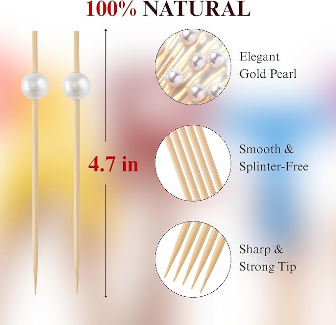 CATIFLIN 300PCS White Pearl Cocktail Picks, 4.7" Bamboo Toothpicks for Appetizers, Fancy Food Sticks for Party, Wedding, Charcuterie, Fruit, Dessert, Drinks, Buffet Decor