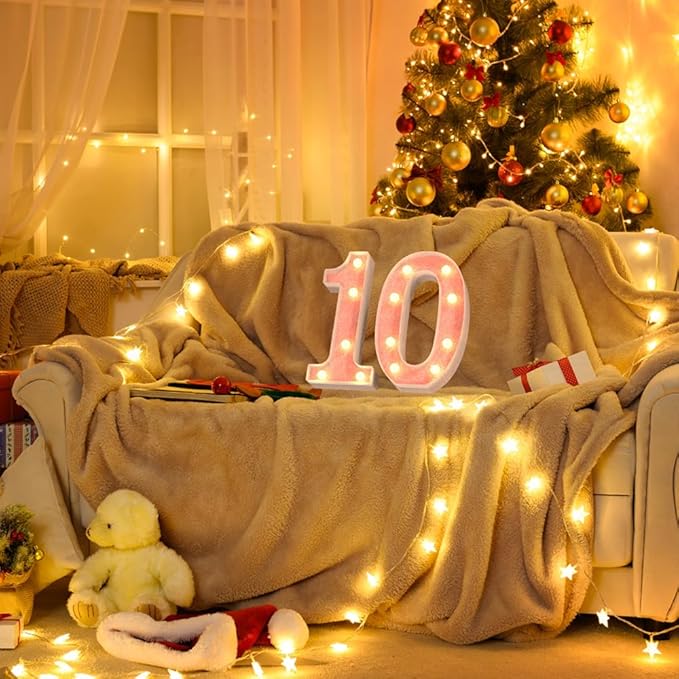 Marquee Light up Numbers 0-9, Battery Powered LED Light, Pink Glitter Plastic for 10th Birthday Decorations, Graduation Engagement Wedding Decor (Number 10)