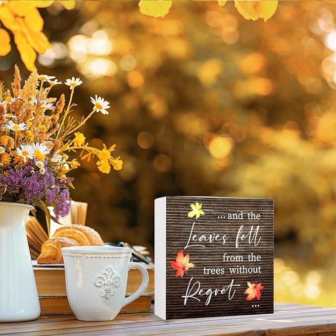 Funny Autumn Wood Box Sign Leaves Fall From the Trees without Regret Wooden Block Desk Decor for Home Office Kitchen Cubicle Table Shelf Tabletop,Farmhouse Fall Sign Decor