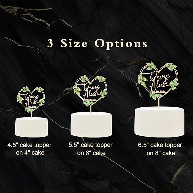 Heart Wedding Cake Topper Personalized Names and Date Green Leaves Engagement Cake Topper Keepsake Wedding Gift