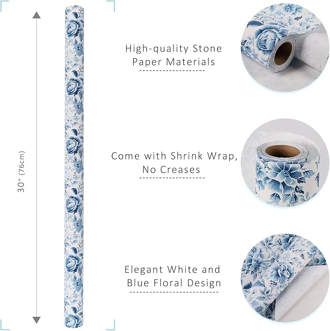 BIOBROWN Floral Wrapping Paper Jumbo Roll - 30 Inch X 33 Feet (82.5 sq. ft. ttl.) Blue White Peony Design Chinoiserie Gift Wrap Stone Paper for Wedding, Bridal Shower, Mother's Day