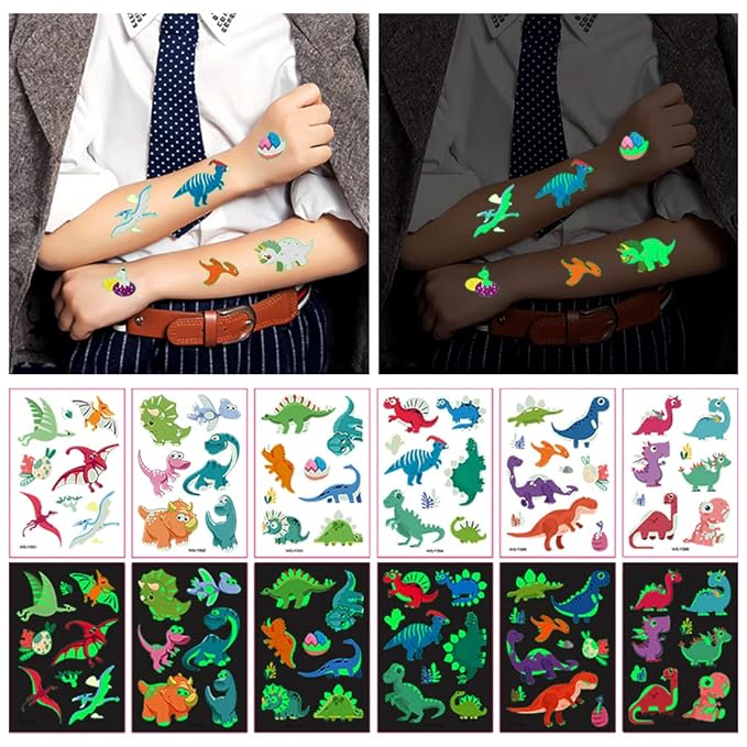 Dinosaur Glow Temporary Tattoos for Kids,Dinosaur theme Luminous Tattoos Stickers,Glow In The Dark Tattoos for Boys and Girls,Face Makeup Fake Tattoo,Holiday Party Supplies Gifts for Children