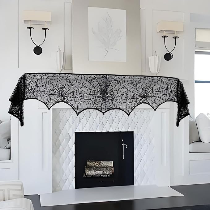 Halloween Mantle Scarf - 96x18.1 inch Spider Web Fireplace Decor - Spider Web Mantel Scarf for Cobwebs Halloween Decorations - Halloweens Indoor Decorations
