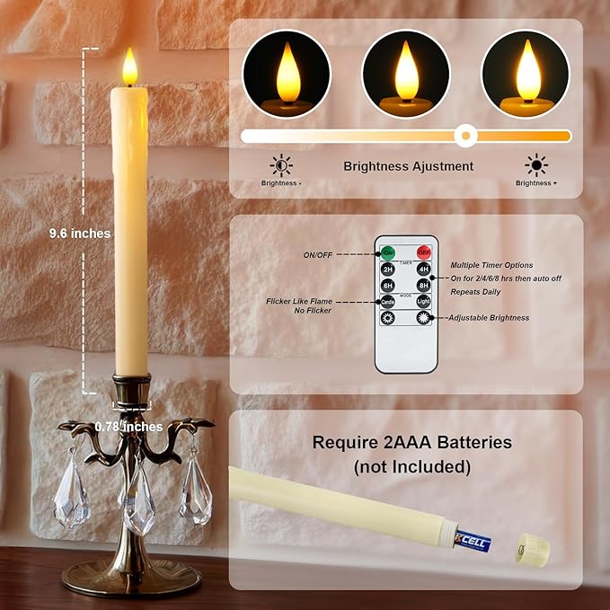 Homemory 12 Pcs Real Wax Flameless Taper Candles with Remote Timer and Dimmer, Battery Operated Candlesticks with Flickering Light, Ivory Window Candles, 9.6 Inches for Wedding Home Decor