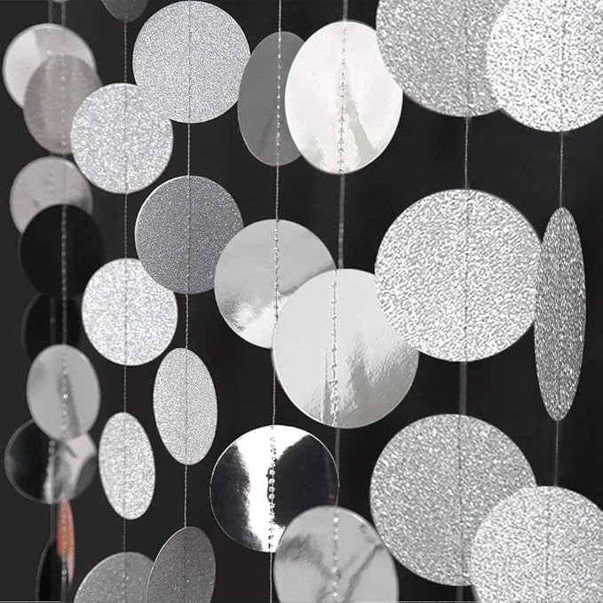 Cheerland Silver Party Decorations Circle Garlands Silver Birthday Decorations Banner Hanging Streamer Backdrop Decor Bday Bridal Bachelorette EID Graduation Christmas NYE New Year Eve Party Supplies