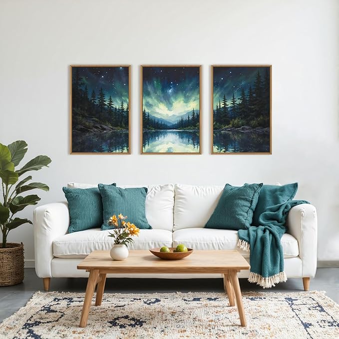 HOURIA Northern Lights Forest Lake Framed Canvas Wall Art Set,Aurora Borealis Mountain Wall Decor,Night Sky Reflective Water Artwork,Modern Wilderness Landscape Prints for Living Room,Office-16"x24"x3