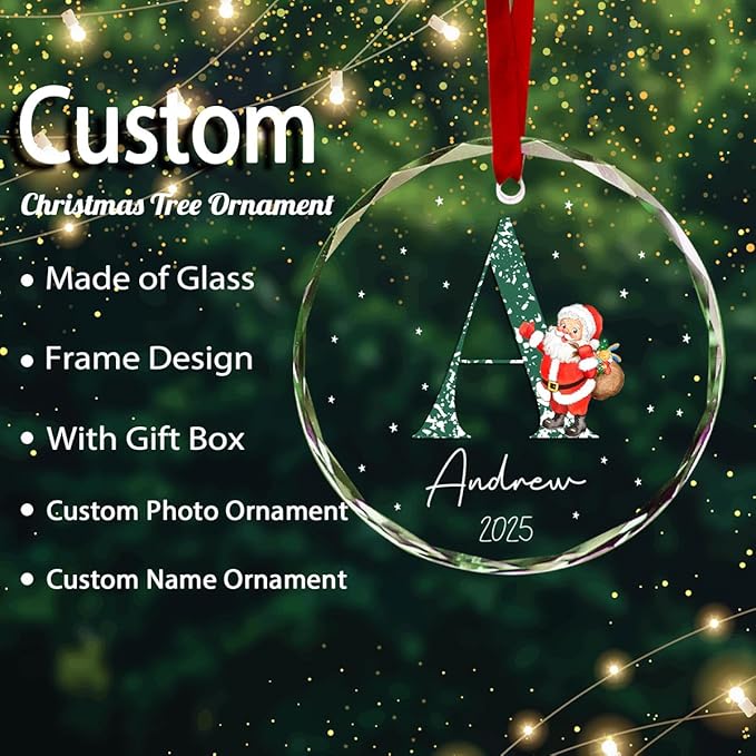 Personalized Round Christmas Crystal Glass Ornaments Custom 2025 Name Ornament for Christmas Tree Decor Customized Xmas Santa Claus Tree Hanging Gifts for Family