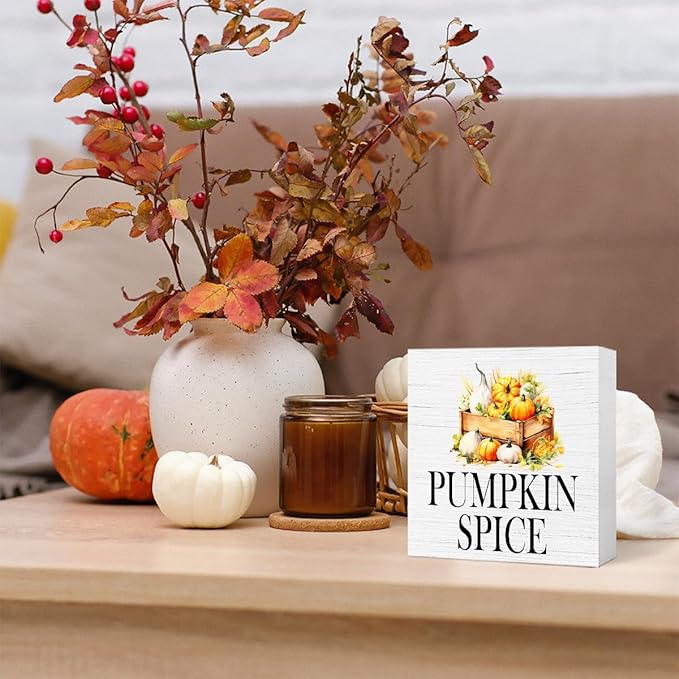 Funny Autumn Wood Box Sign Pumpkin Spice Wooden Block Desk Decor for Home Office Kitchen Cubicle Table Shelf Tabletop,Farmhouse Fall Sign Decor
