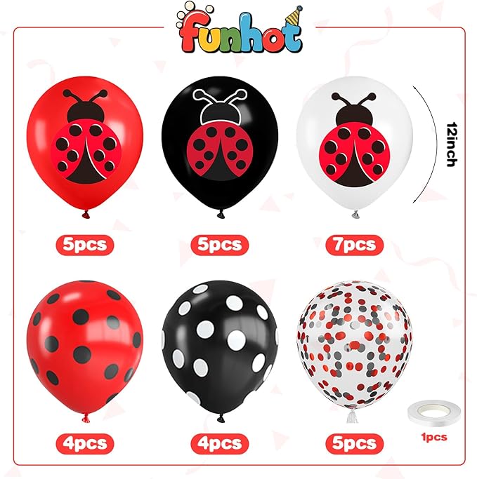 Ladybug Balloons,12 Inch Ladybug Print Red Black White and Polka Dots Balloon with Red Black Confetti for Ladybug Birthday Baby Shower Theme Party Decorations