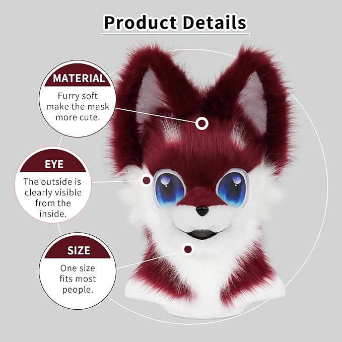 Animal Head Mask Furry Fursuit Plush Dog Fox Masks for Halloween Parties Cosplay Costume Accessory