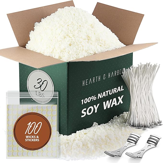 Hearth & Harbor Organic Soy Candle Wax for Candle Making, 30 lbs Natural Candles Making Supplies, Beeswax-Free, Paraffin-Free, Pure Soy Wax Flakes Perfect for Candles, Tealights and Melts