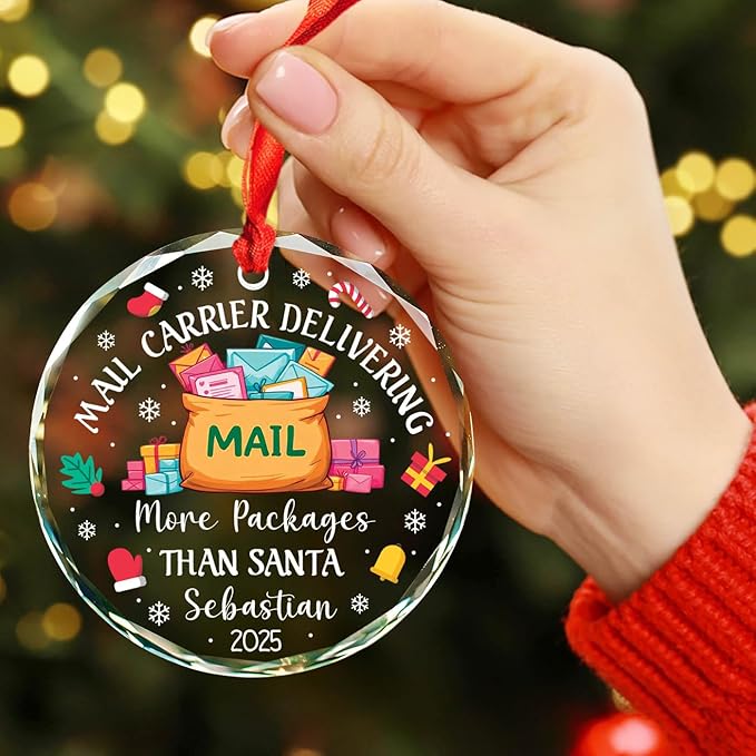 Personalized Mailman Ornaments Christmas 2025, Mail Carrier Delivering More Packages Than Santa Glass Ornament, Xmas Tree Decoration for Mailman Postal Worker & Driver, Custom Name & Year Ornaments