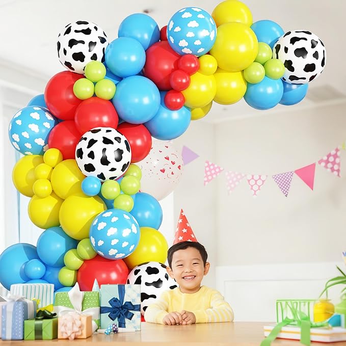 Red Yellow Blue Balloons Arch Kit Red Blue Green Yellow Latex Balloon Garland with Cow Print Party Balloons for Kids Boys Birthday Party Farm Themed Party Decorations