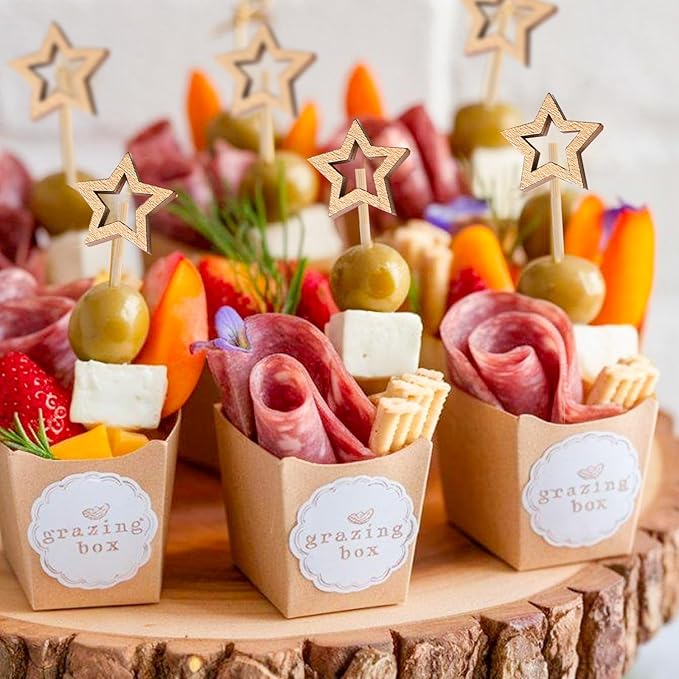 PuTwo Gold Star Cocktail Picks 4.7 Inch 100pcs Bamboo Fancy Skewers Toothpicks for Appetizers Food Drink Fruit Sandwich BBQ Wedding Cocktail Party Charcuterie Boards Accessories Party Supplies
