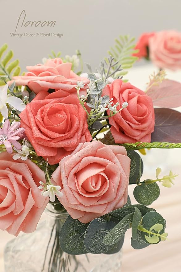 Floroom Artificial Flowers 25pcs Real Looking Coral Ombre Colors Foam Fake Roses with Stems for DIY Wedding Bouquets Bridal Shower Centerpieces Floral Arrangements Party Tables Home Decorations