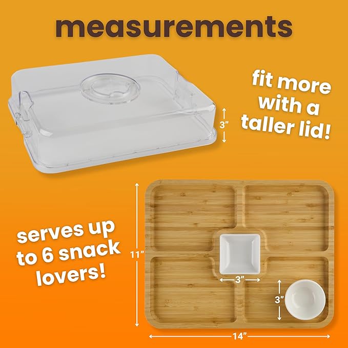 Charcuterie Board with Lid and Handle – Bamboo Travel Snack Tray with 5 Sections and 2 Dip Bowls, 11x14 inches, Covered Portable Cheese Platter for Picnics, Parties, Gifts
