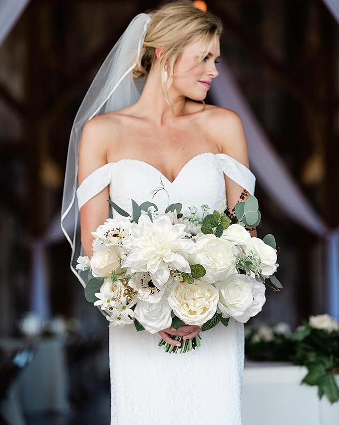 White Rose Artificial Flowers Fake Flower Bulk with Stems for DIY Wedding Bouquet Bridal Baby Shower Centerpiece Table Decorations Silk Faux Floral Arrangements for Party Home Decor Indoor