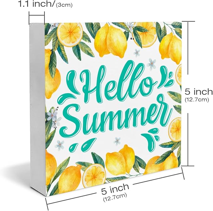 Lemon Decor Hello Summer Wood Block Sign Summer Decorations for Home Kitchen 5 x 5 Inches